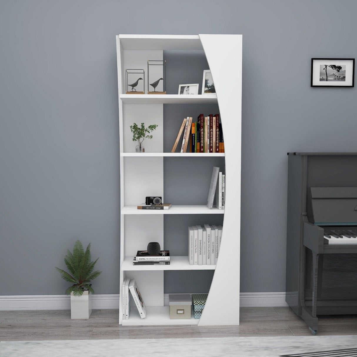 Biblioteca Selge Prag Design, 5 rafturi, 64x150x24 cm - Alb