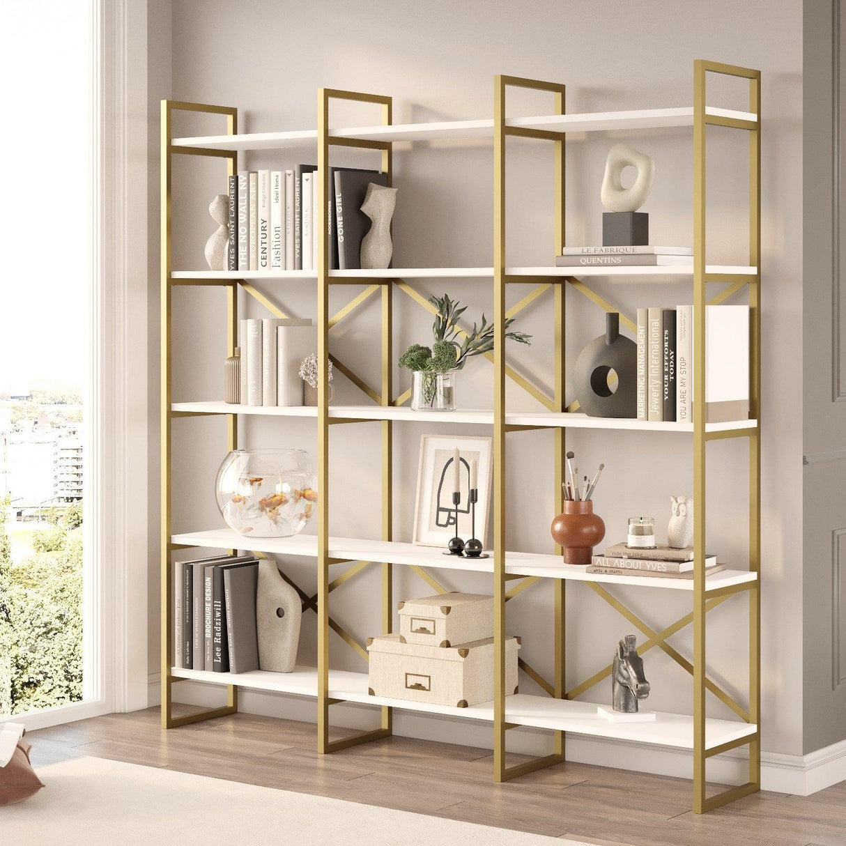 Biblioteca Sierra Lux Large cu 5 rafturi, Aur - Negru - Alb, 170x175x30 cm - Alb