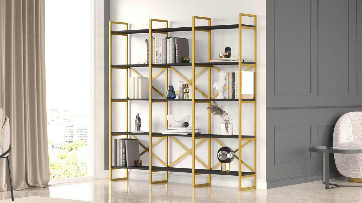 Biblioteca Sierra Lux Large cu 5 rafturi, Aur - Negru - Alb, 170x175x30 cm - Negru