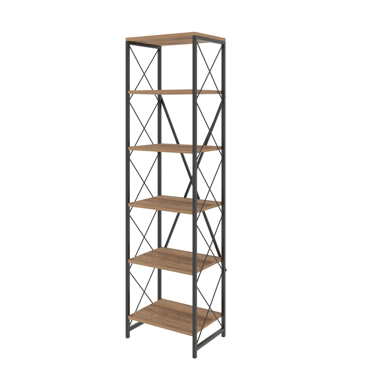 Biblioteca Suadiye cu 6 Rafturi cadru Metalic, Stejar, 50x30x180 cm