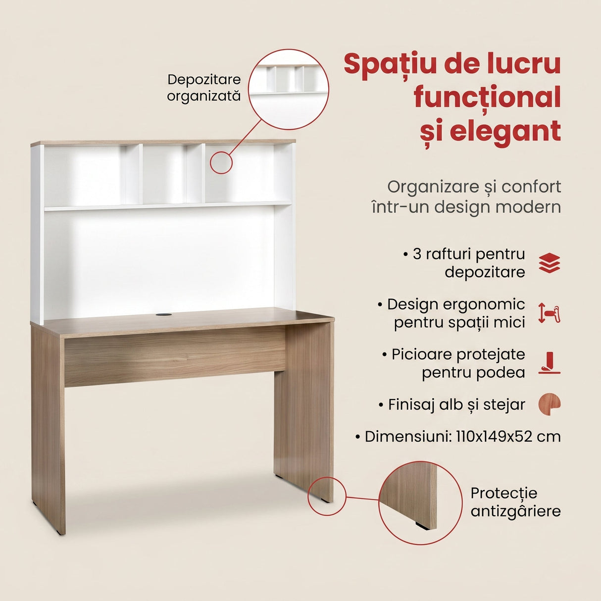 Birou CMU-830-MB-1 Home Collection® Base cu biblioteca, Alb - Stejar, 110x149x52 cm