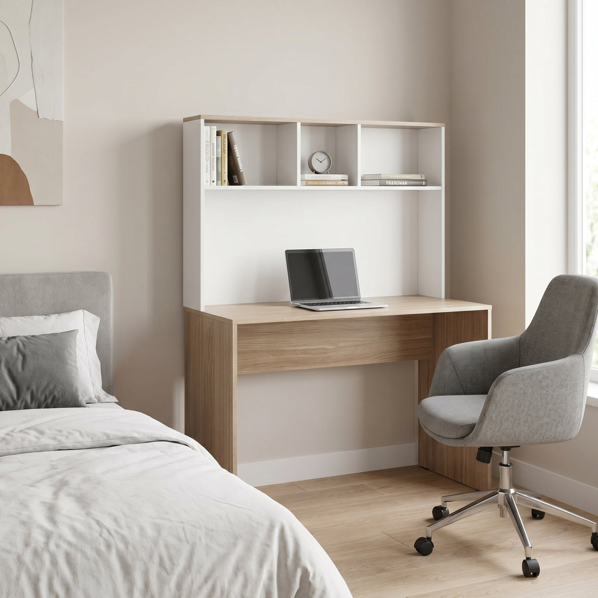 Birou CMU-830-MB-1 Home Collection® Base cu biblioteca, Alb - Stejar, 110x149x52 cm