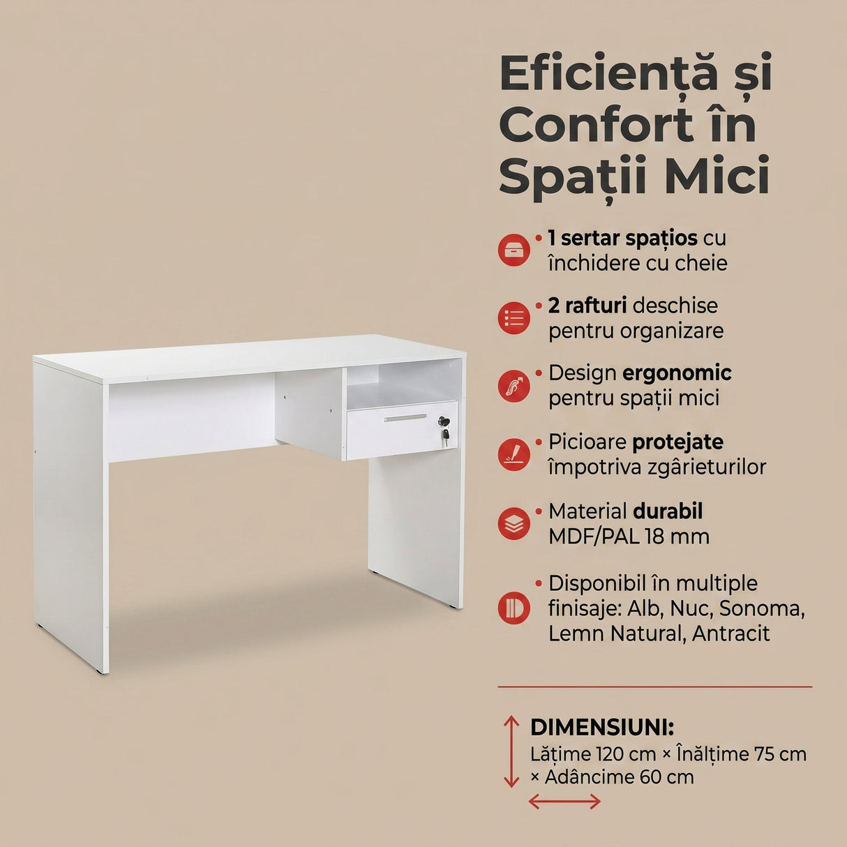 Birou CMS-510-DD-1 Home Collection® Concept, 120x75x60 cm - Alb | SKU: CMS-510-DD-1, CMS-510-AX-1, CMS-510-FF-1, CMS-510-OO-1