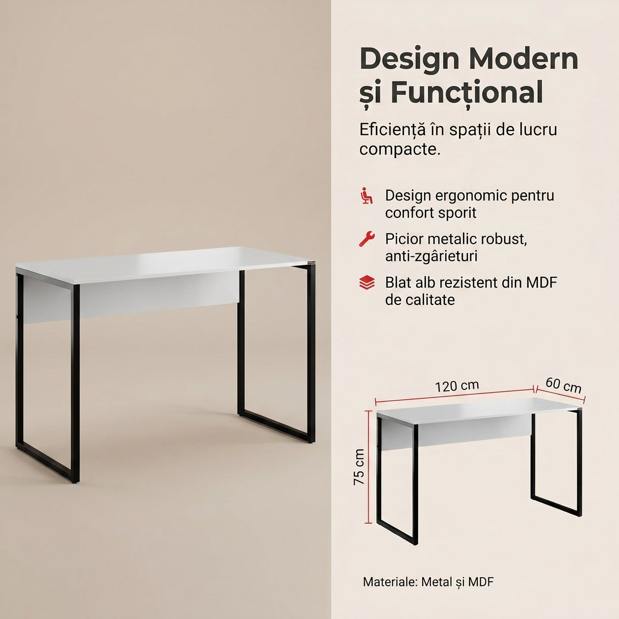 Birou CMS-900-BB-1 Home Collection® Connect cu picior metalic, 120x60x75 cm - Alb | SKU: CMS-900-BB-1, CMS-900-FF-1, CMS-900-OO-1