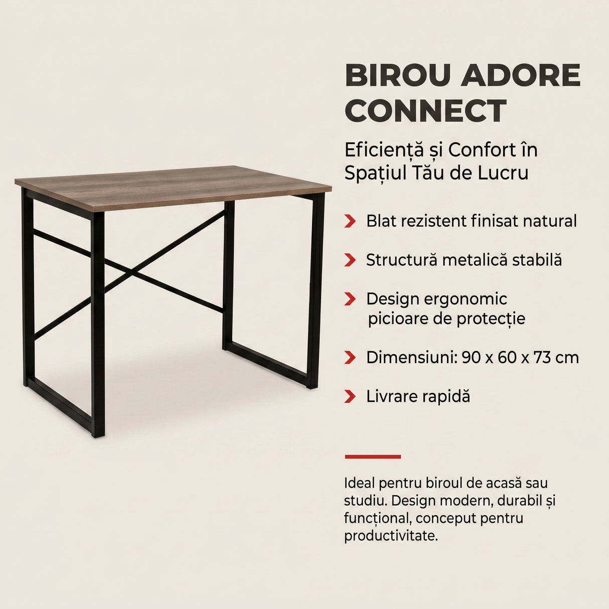 Birou MSE-657-6090S Home Collection® Connect, Natur, 90x60x73 cm