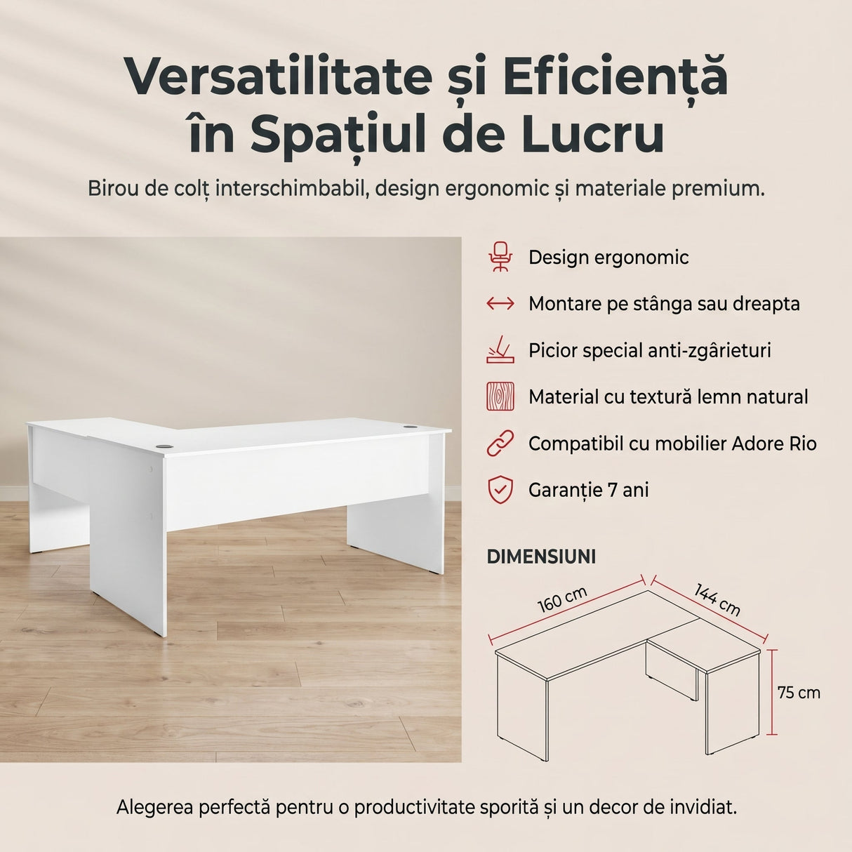 Birou RMS-320-DD-1 Home Collection® L Rio Office, Interschimbabil, Masa de colt, 160x75x144 cm - Alb | SKU: RMS-320-DD-1, RMS-320-AX-1, RMS-320-FF-1, RMS-320-OO-1