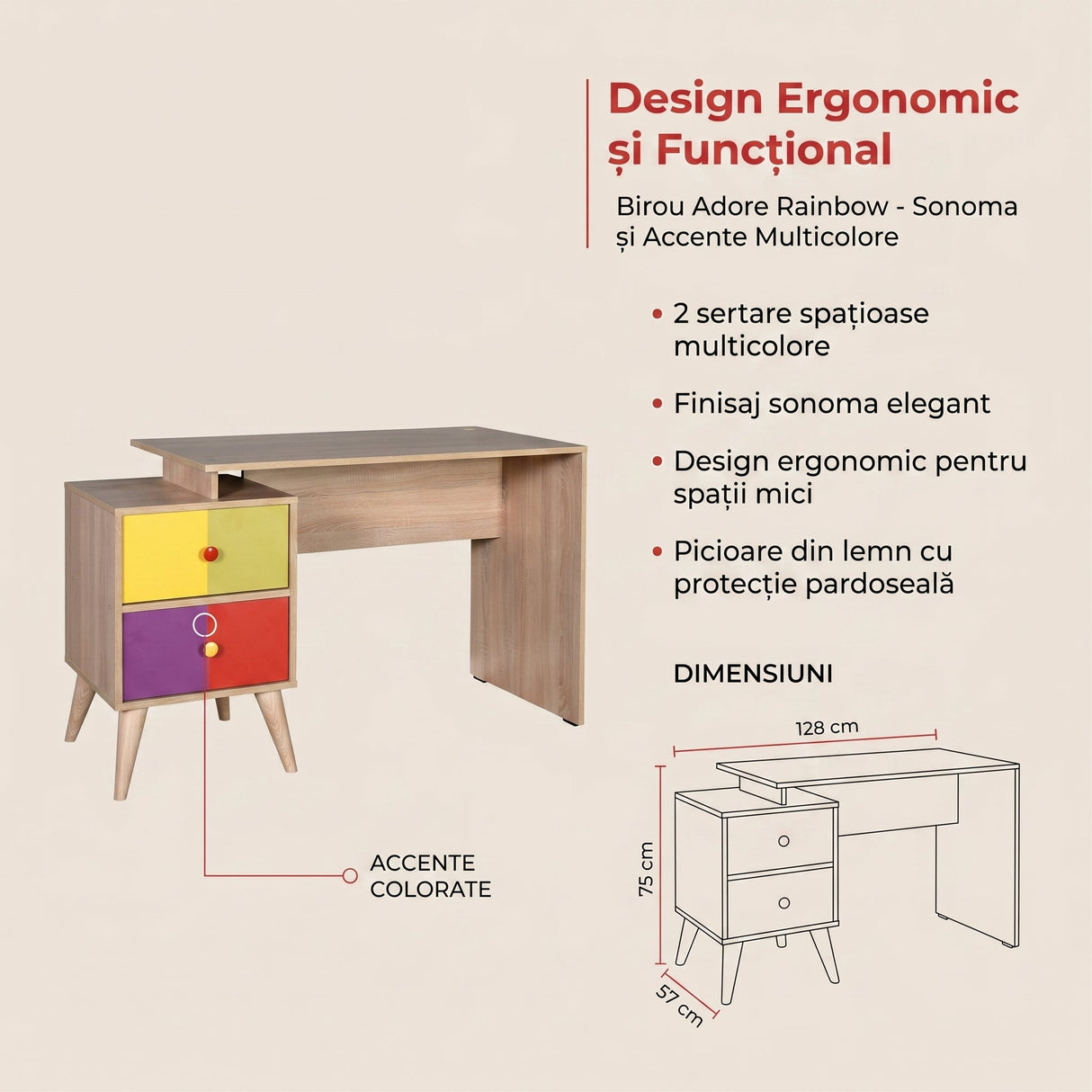 Birou CMS-920-SX-1 Home Collection® Rainbow, cu 2 sertare, Sonoma, 128x75x57 cm