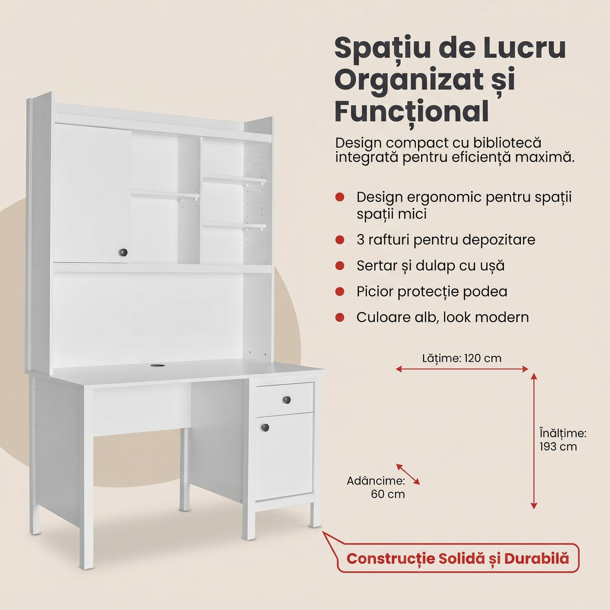 Birou CMU-990-BB-2 Home Collection® Rustic cu biblioteca, Alb, 120x193x60 cm