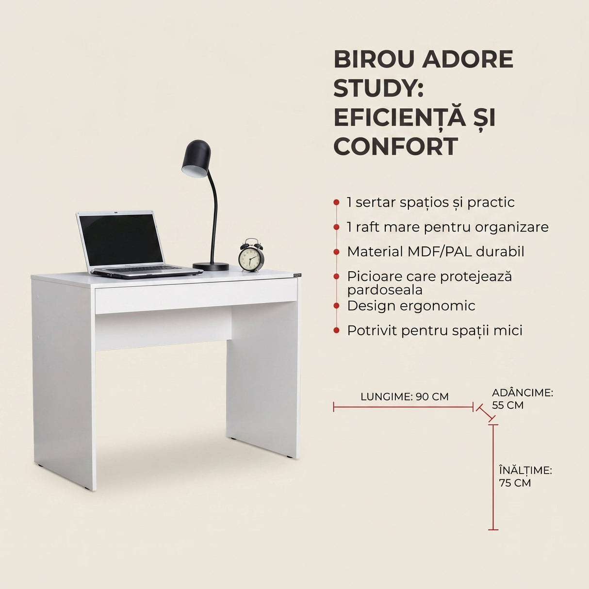 Birou CMS-301-DD-1 Home Collection®, cu sertar, 90x75x55 cm - Alb | SKU: CMS-301-DD-1, CMS-301-OO-1, CMS-301-FF-1