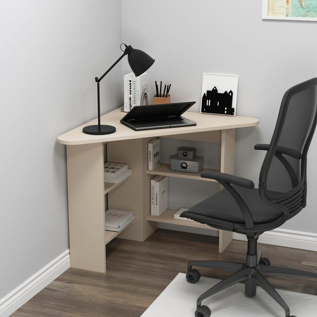 Birou Colt Bellingham cu Rafturi, Design Ergonomic, 80x74x80 cm - Bej