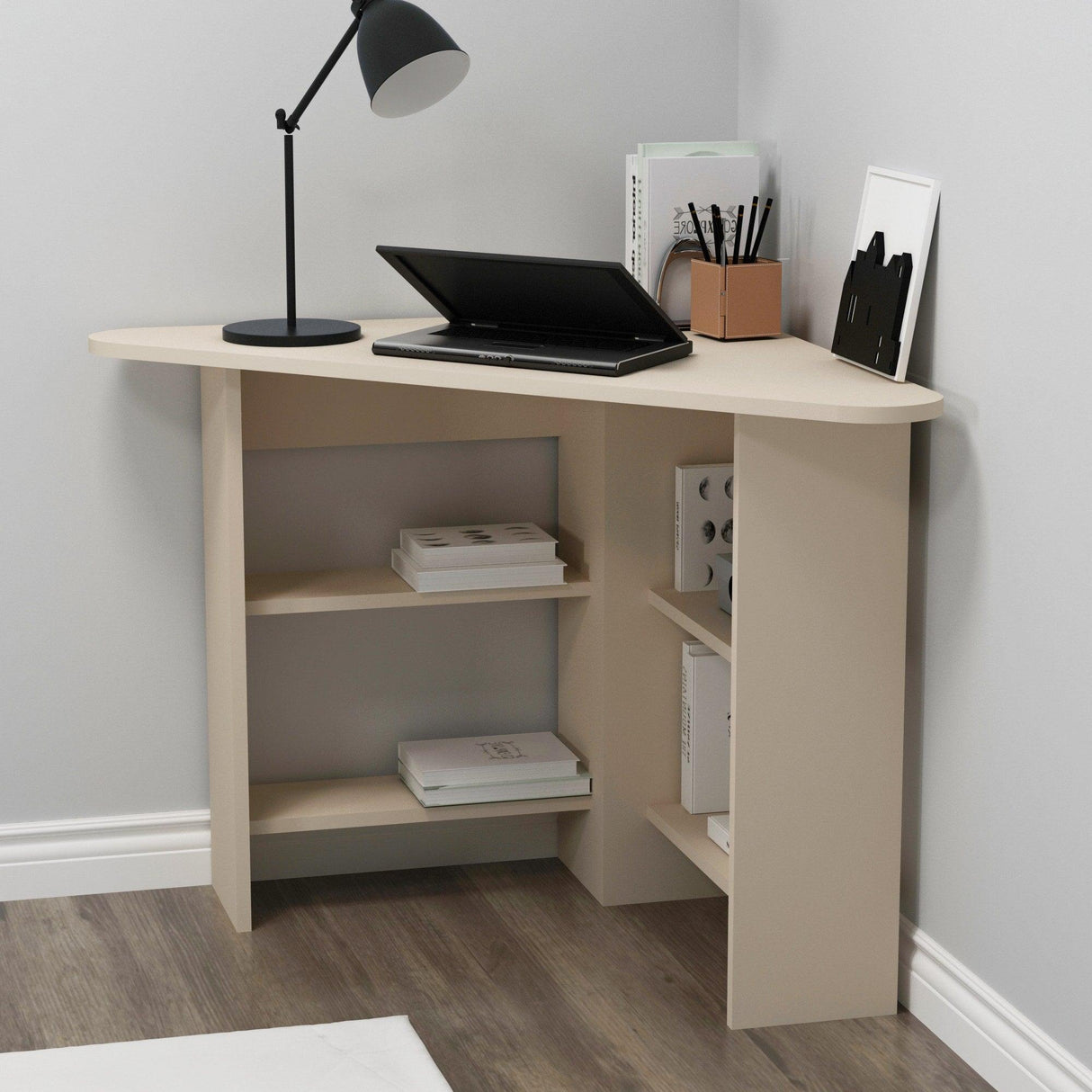 Birou Colt Bellingham cu Rafturi, Design Ergonomic, 80x74x80 cm - Bej