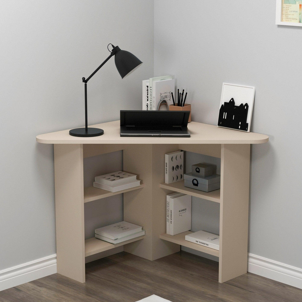 Birou Colt Bellingham cu Rafturi, Design Ergonomic, 80x74x80 cm - Bej