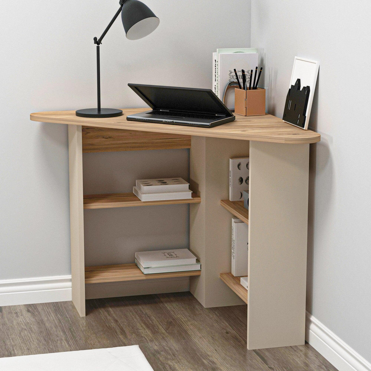 Birou Colt Bellingham cu Rafturi, Design Ergonomic, 80x74x80 cm - Multicolor