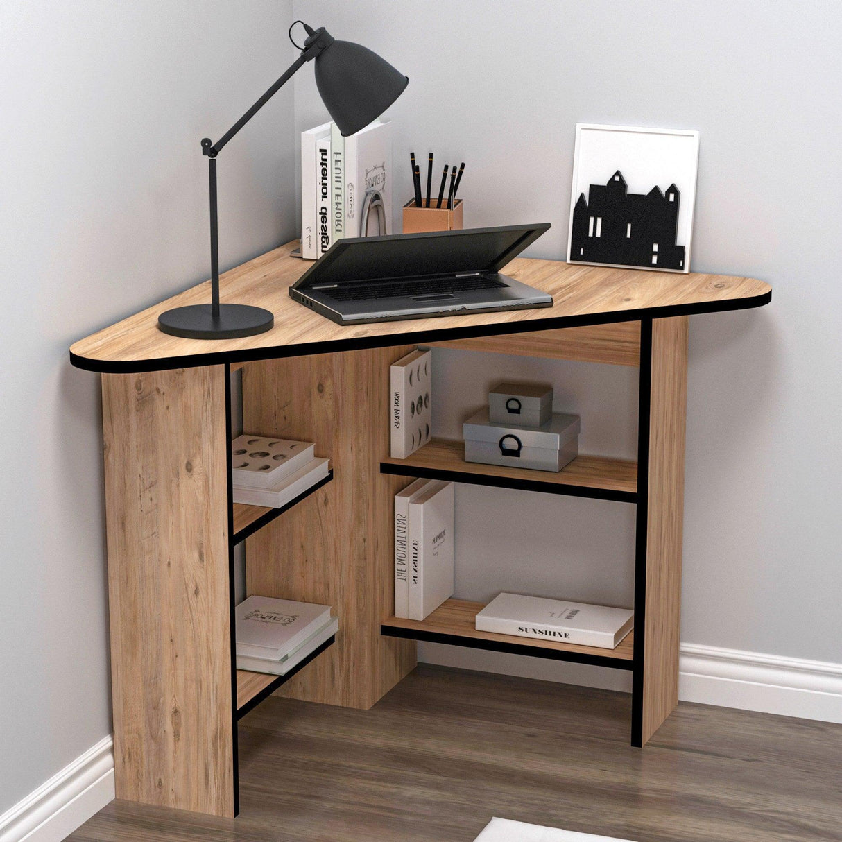 Birou Colt Bellingham cu Rafturi, Design Ergonomic, 80x74x80 cm - Stejar