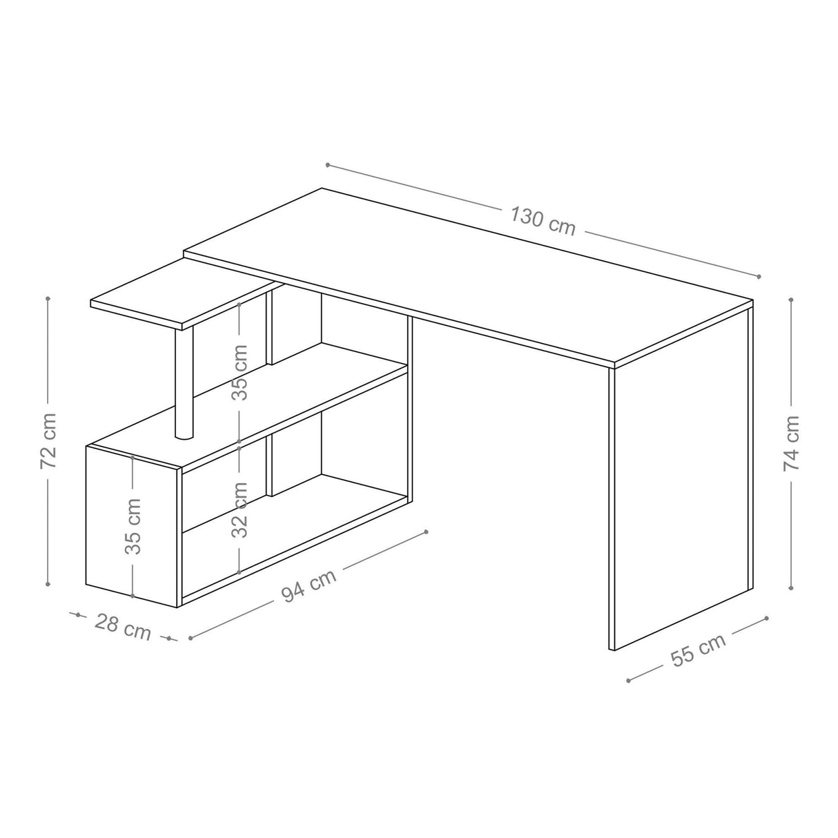 Birou Colt Estelle cu rafturi, Alb, 130x74x94 cm