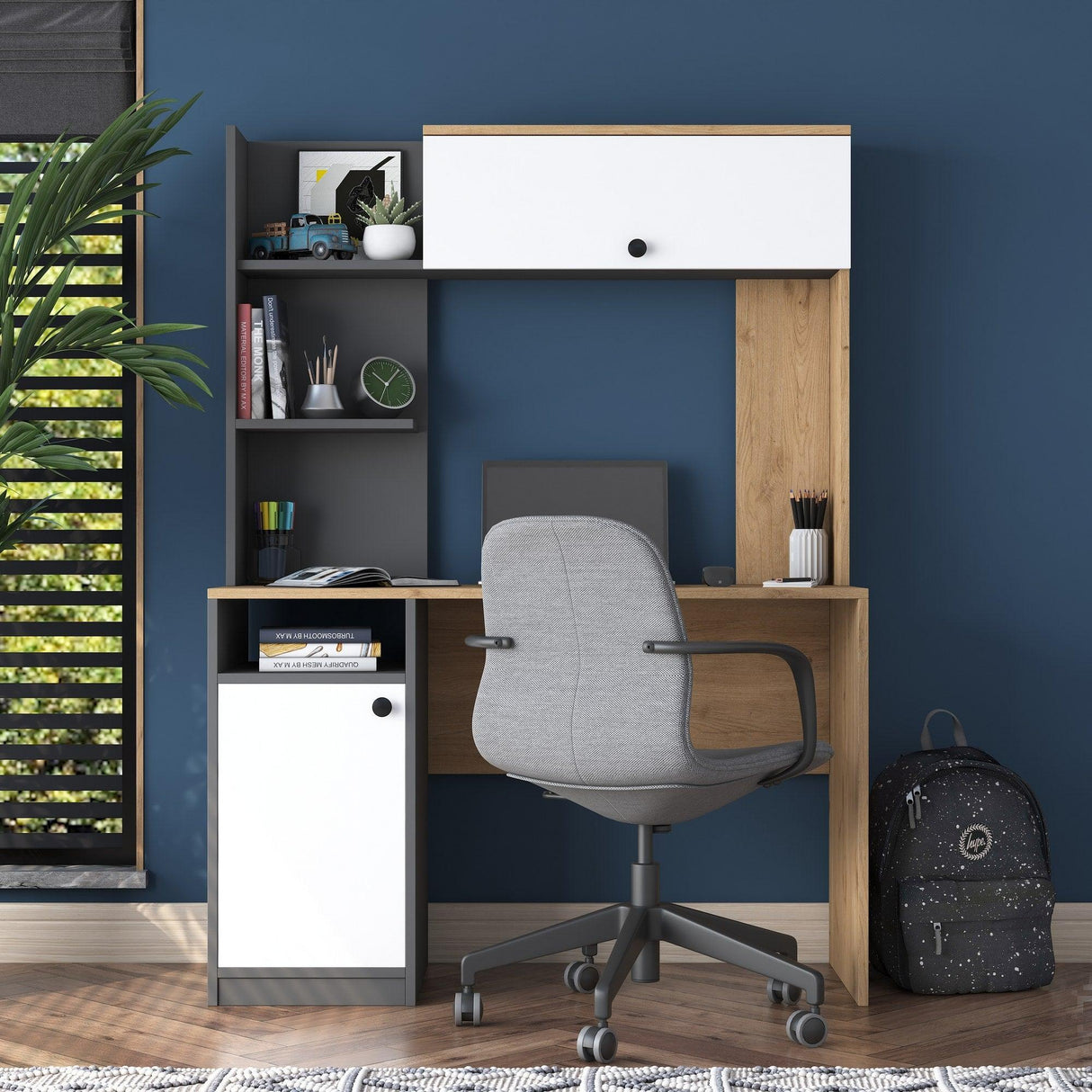 Birou cu Biblioteca Dani cu 2 Usi si 6 Rafturi, Stejar - Gri, 117x160x46 cm