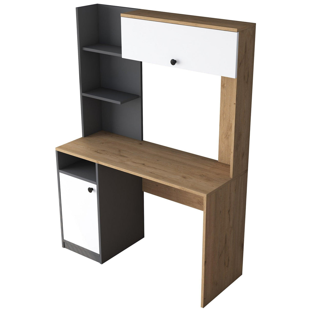 Birou cu Biblioteca Dani cu 2 Usi si 6 Rafturi, Stejar - Gri, 117x160x46 cm