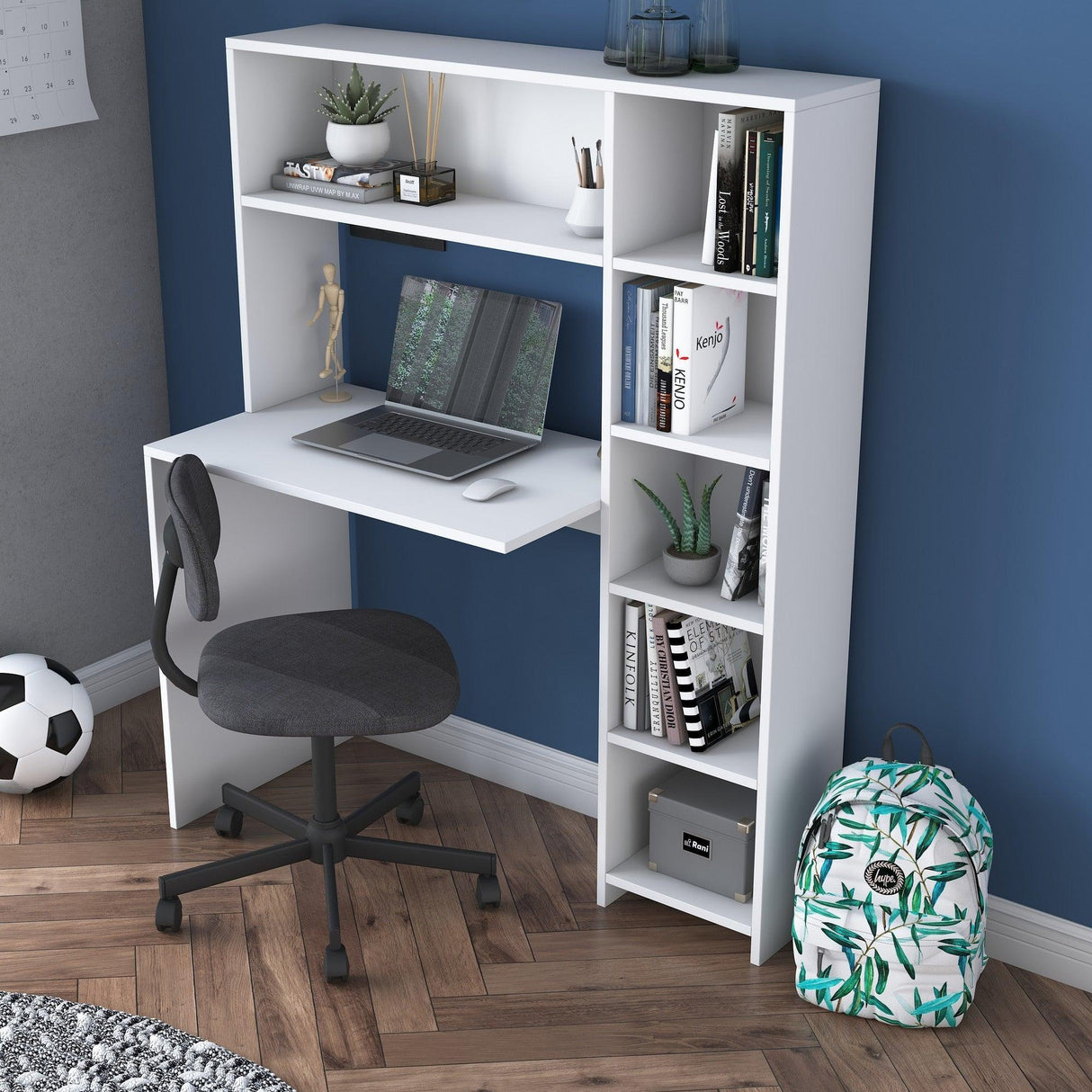 Birou cu biblioteca Erou, Stejar - Alb, 113x142x40 cm - Alb
