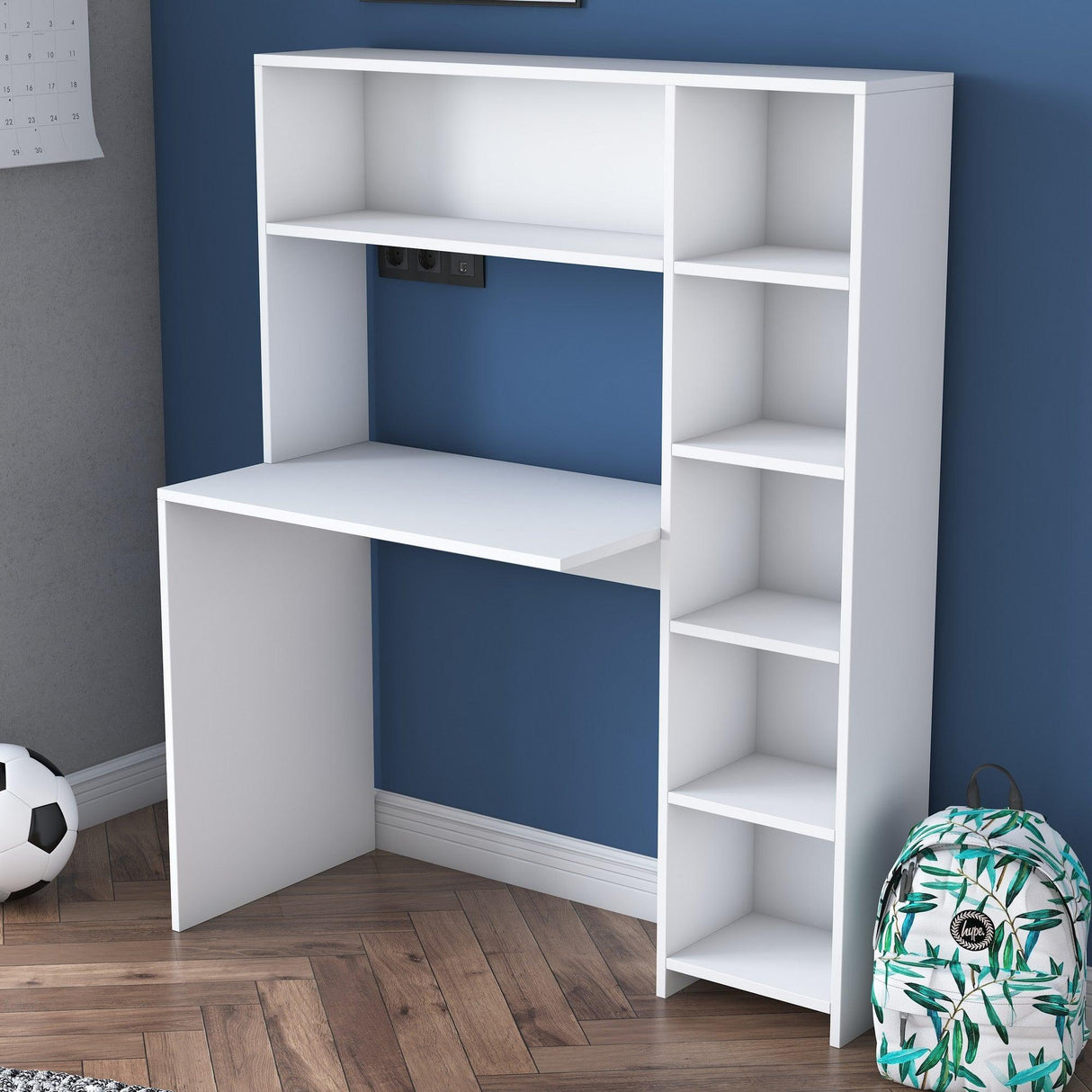 Birou cu biblioteca Erou, Stejar - Alb, 113x142x40 cm - Alb