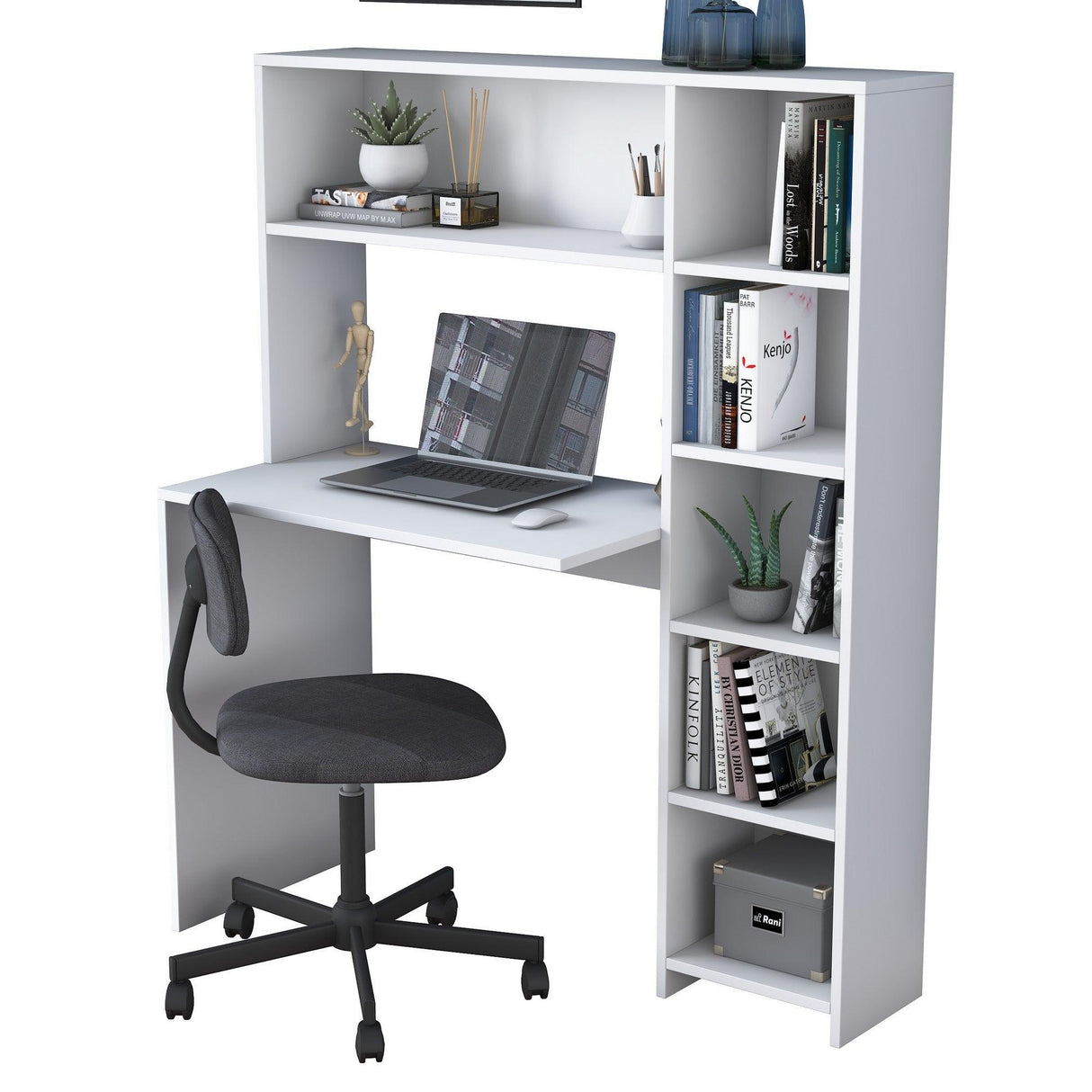 Birou cu biblioteca Erou, Stejar - Alb, 113x142x40 cm - Alb