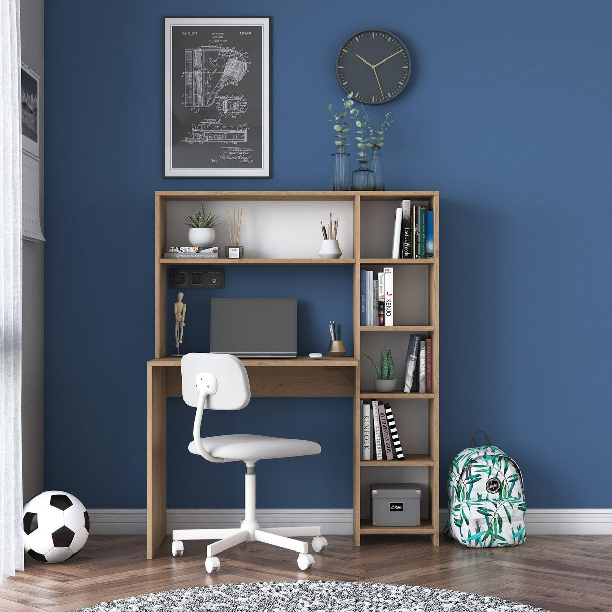 Birou cu biblioteca Erou, Stejar - Alb, 113x142x40 cm - Stejar