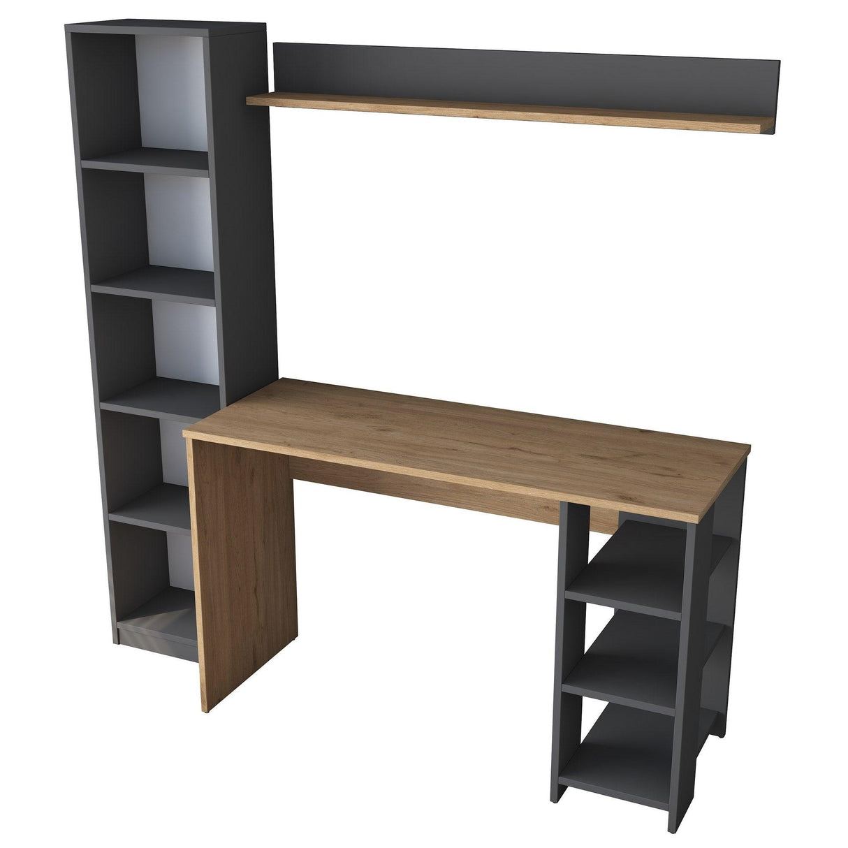 Birou cu Biblioteca Nic cu 9 Rafturi, Gri - Nuc, 120x45x73.8 cm