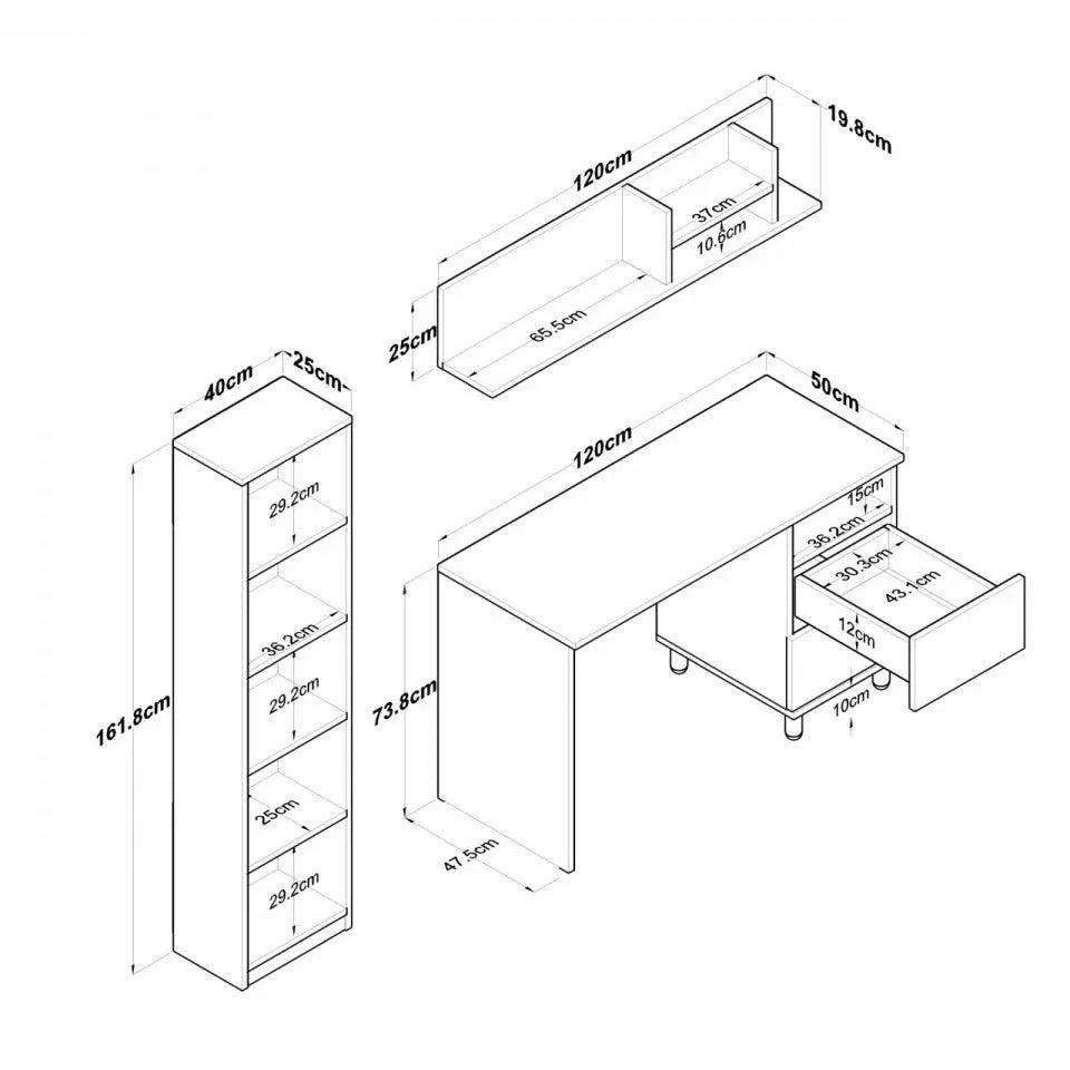 Birou cu Biblioteca Nili 7 rafturi si cu Sertare, Antracit de nuc, Nuc Alb, 120x50x161.8 cm - Birou cu Biblioteca Nili 7 rafturi si cu Sertare, Antracit de nuc, Nuc Alb, 120x50x161.8 cm