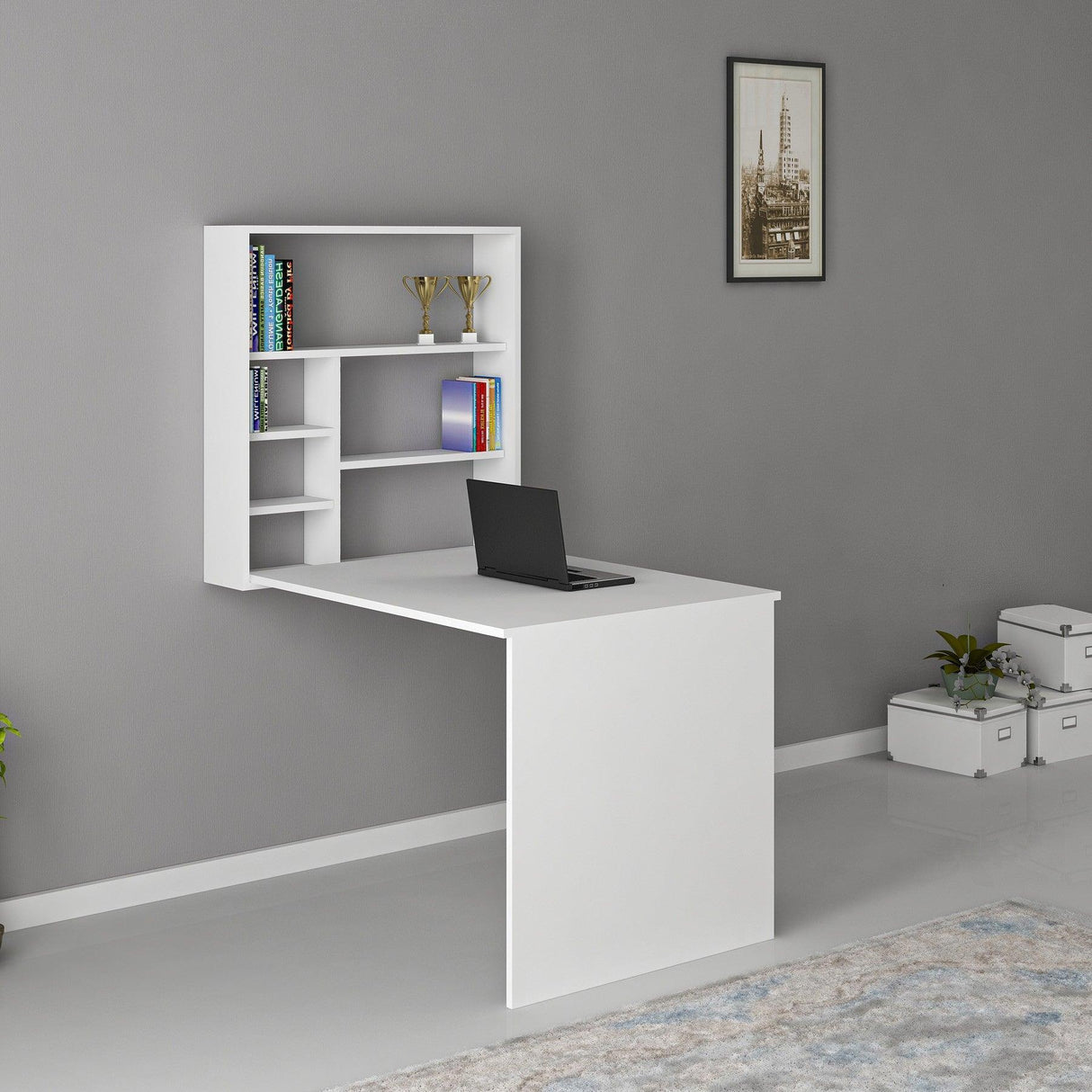 Birou cu raft de perete pliabile Elegant, Alb, 59x16x80.2 cm