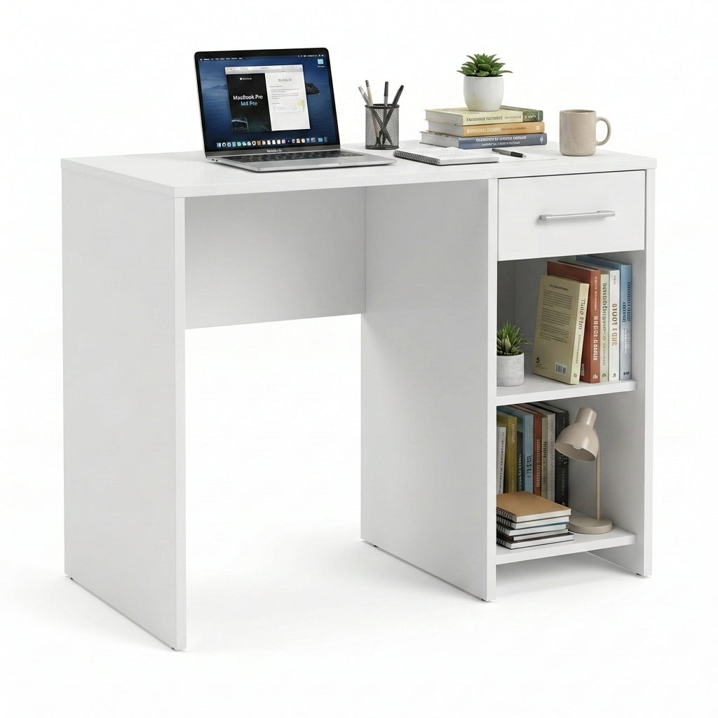 Birou Modern CMS-505-BB-1 Home Collection® Concept cu Sertar și 2 Rafturi, Alb - Maro - Stejar - Antracit, 90x52x75 cm - Alb | SKU: CMS-505-BB-1, CMS-505-OO-1, CMS-505-FF-1, CMS-505-AA-1