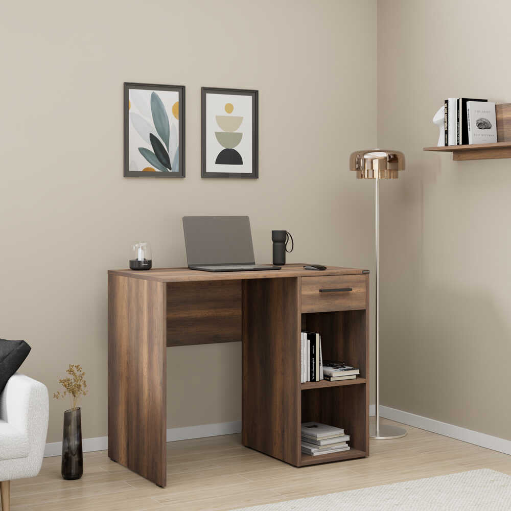 Birou Modern CMS-505-BB-1 Home Collection® Concept cu Sertar și 2 Rafturi, Alb - Maro - Stejar - Antracit, 90x52x75 cm - Maro | SKU: CMS-505-OO-1