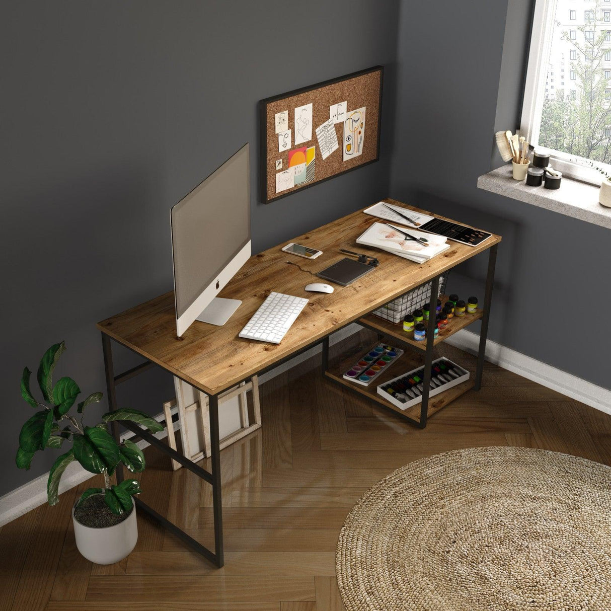 Birou Nonvi Lemn natural cadru Metal, 42x60x75 cm