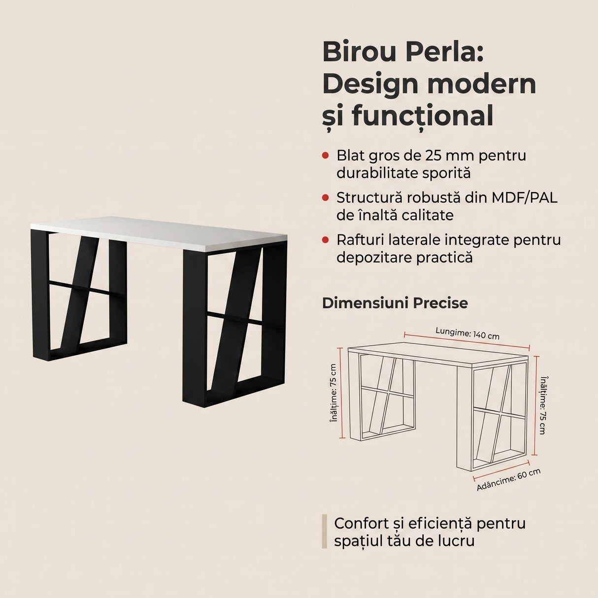Birou Perla, 140x75x60 cm - Alb