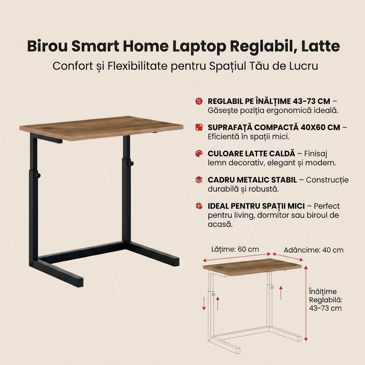Birou Smart Home Laptop Reglabil, Latte, Natur, 40x60x43-73 cm