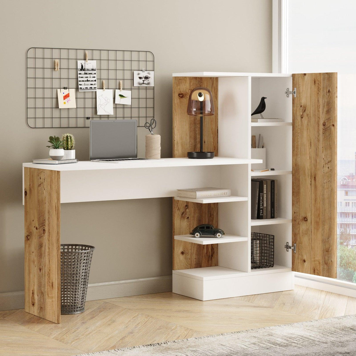 Birou Vexy cu raft si Biblioteca cu Usa, Alb/Crem, 152.3x40x120 cm