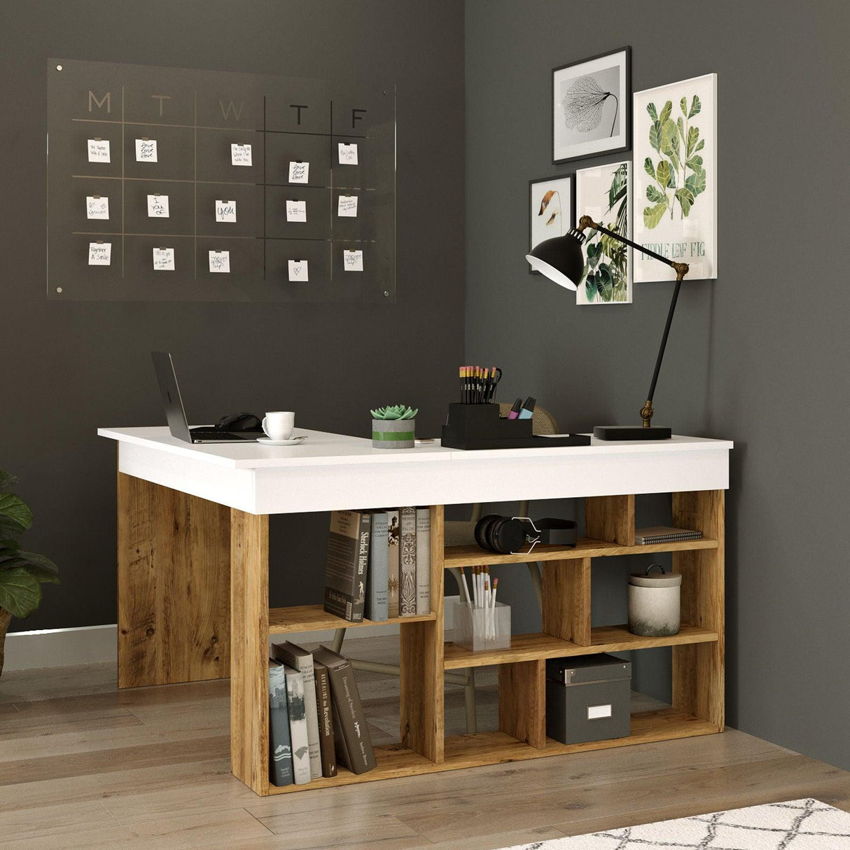 Birou Zellow Tip L cu Rafturi, 129x72x120 cm - Stejar