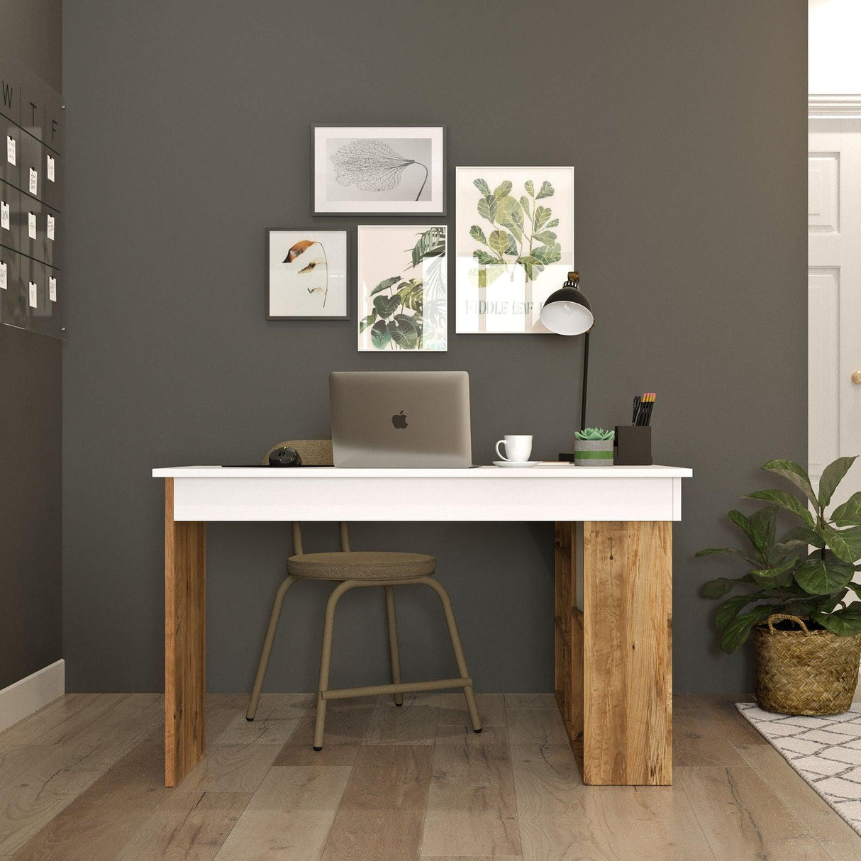 Birou Zellow Tip L cu Rafturi, 129x72x120 cm - Stejar