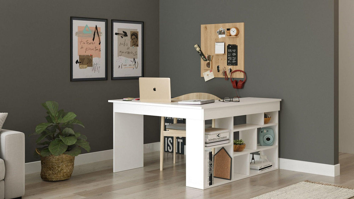 Birou Zellow Tip L cu Rafturi, 129x72x120 cm - Alb