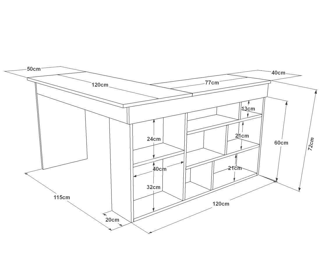 Birou Zellow Tip L cu Rafturi, 129x72x120 cm - Alb