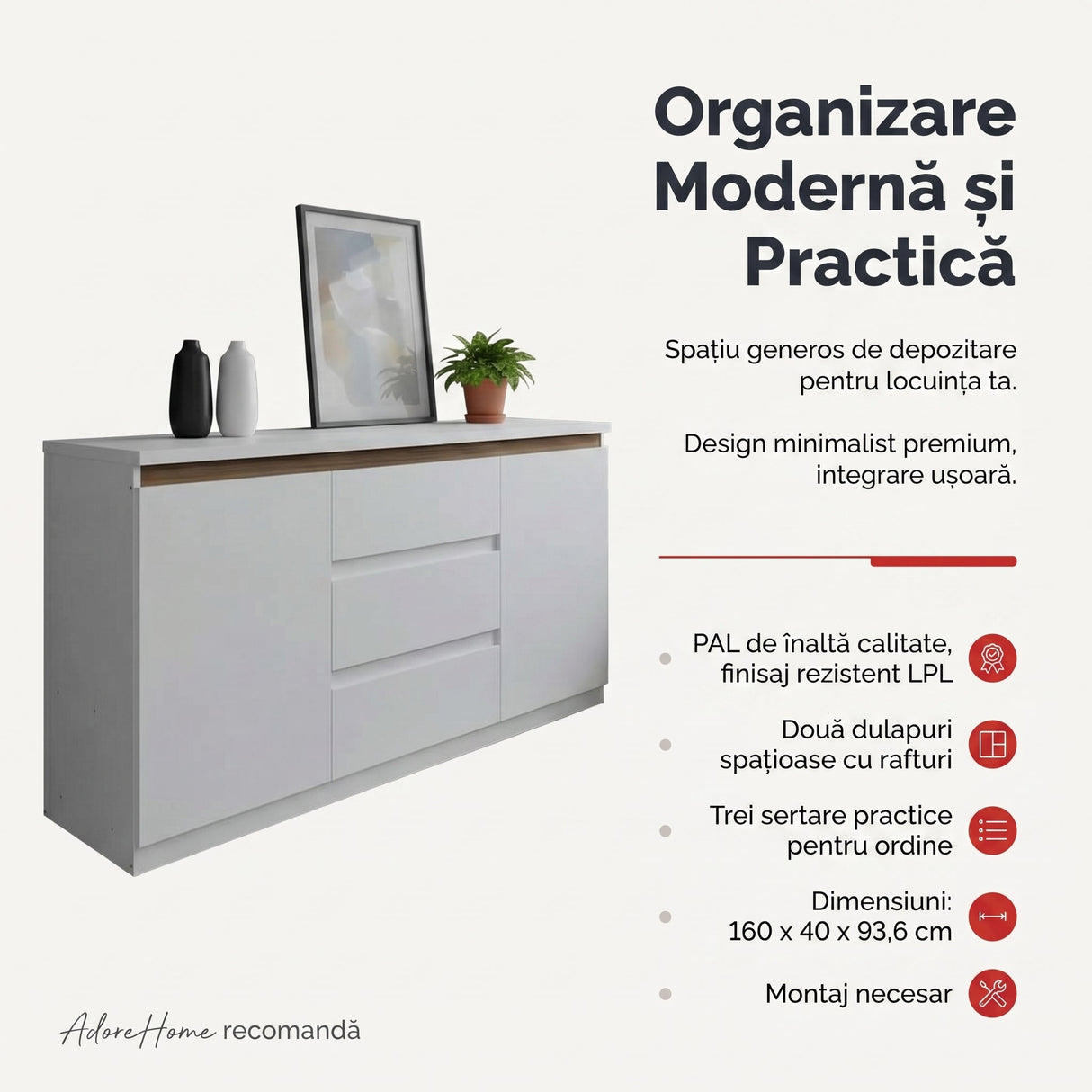 Bufet cu spatiu de depozitare Chiemo, Lemn, Alb, 160x40x93 cm