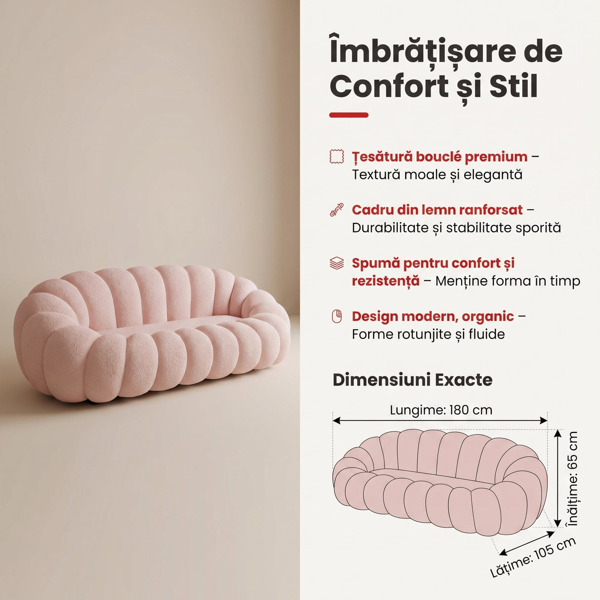 Canapea cu funcție Embrace, Țesătură bouclé, Bej - Roz, 180x105x65 cm - Roz