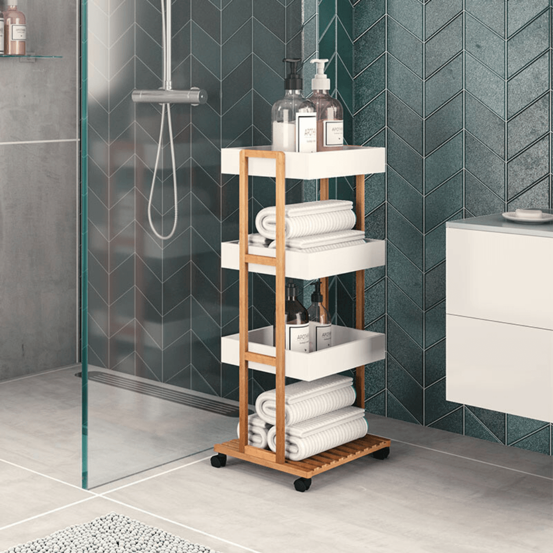 Carucior cu 4 niveluri Irene, lemn Natural, alb, 41x30x88 cm - Carucior cu 4 niveluri Irene, lemn Natural, alb, 41x30x88 cm