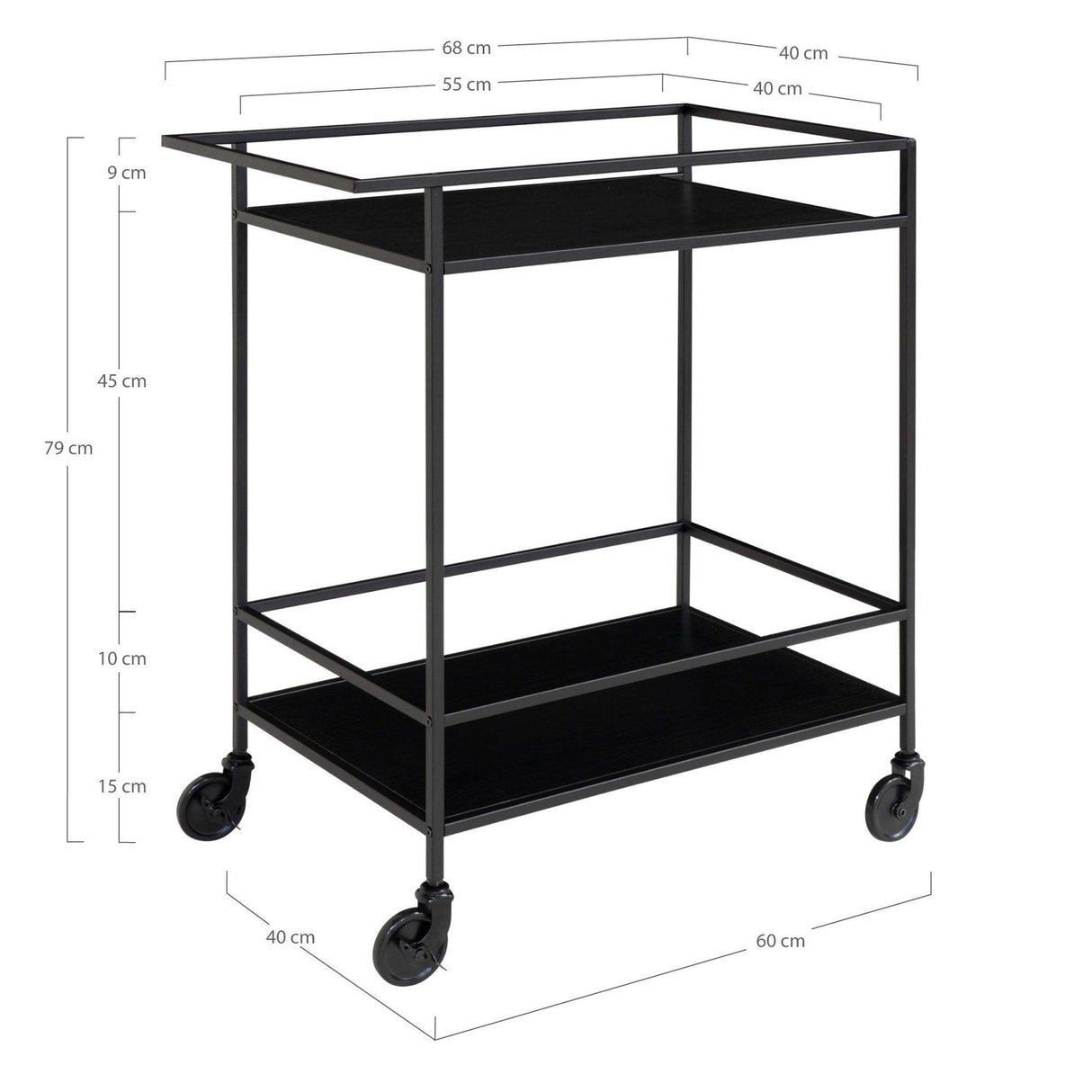 Cărucior servire, Natural - Negru, 40x79x68 cm - Negru