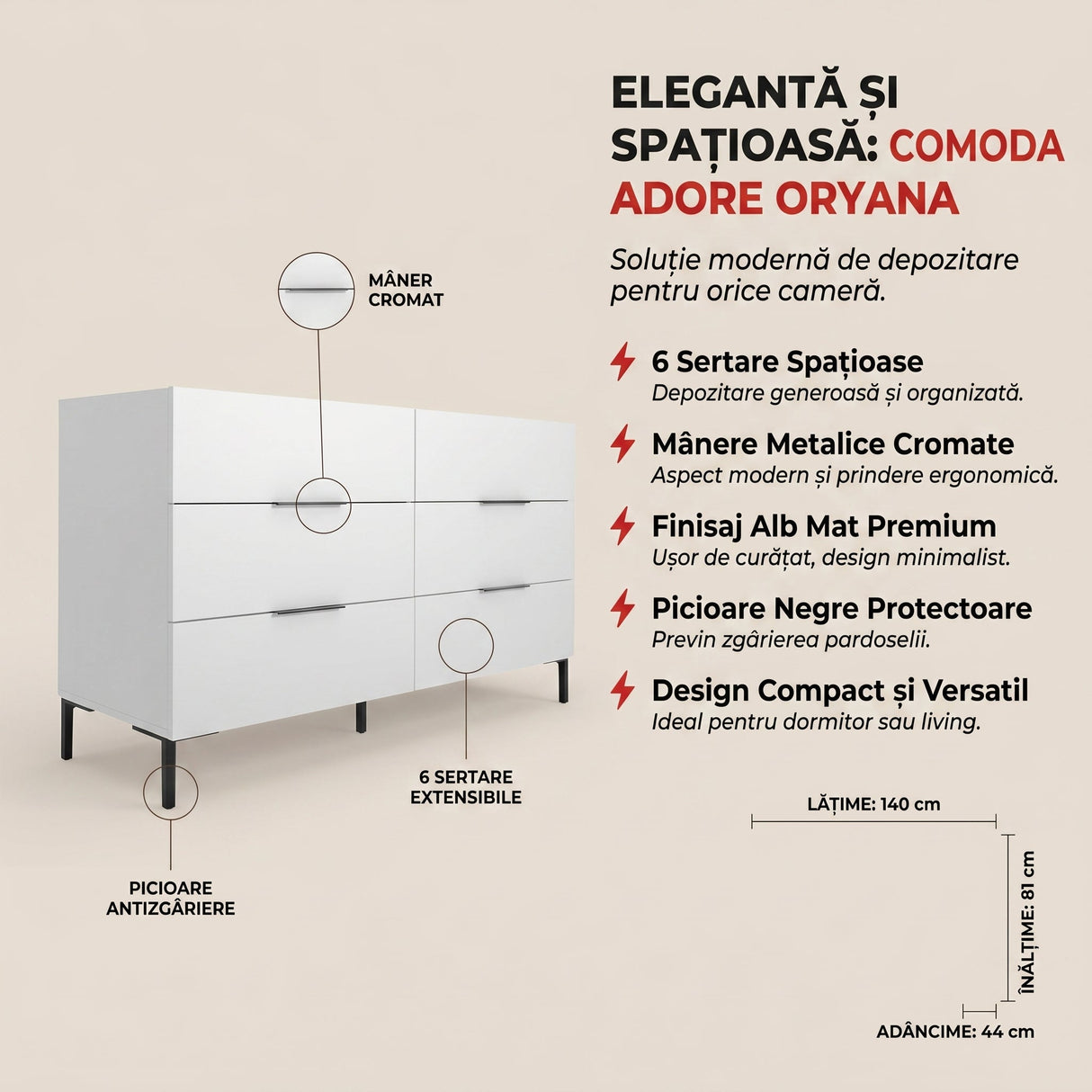Comoda SFN-1760-DD-1 Home Collection® Oryana, 3 sertare, Alb - Nuc, 140x81x44 cm - Alb | SKU: SFN-1760-DD-1, SFN-1760-OO-1