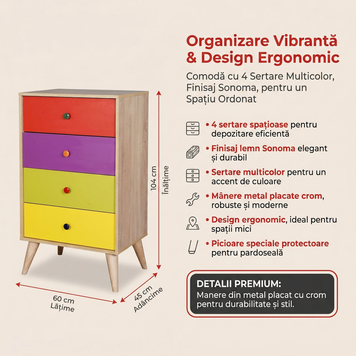 Comoda SFN-940-SX-1 Home Collection® Rainbow, 4 sertare, Multicolor/Sonoma, 60x104x45 cm