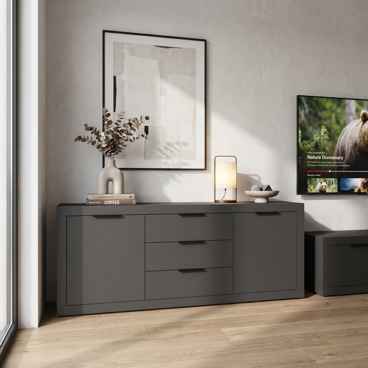 Bufet cu funcție de depozitare Doha, Antracit - Nuc, 210x45x80 cm - Antracit