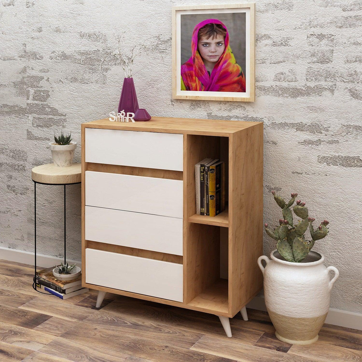 Comoda Tsela, 4 Sertare, 2 Rafturi, Stejar, 70x86x40 cm