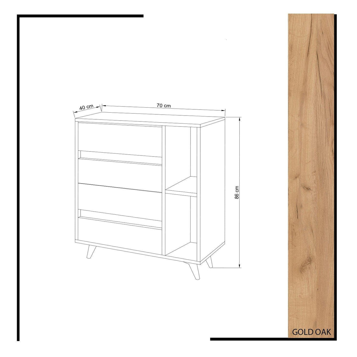 Comoda Tsela, 4 Sertare, 2 Rafturi, Stejar, 70x86x40 cm