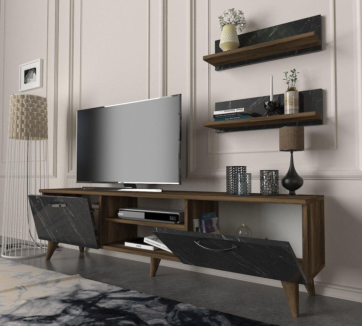 Comoda Tv Ayden - Marble, Nuc, 150x40x30 cm