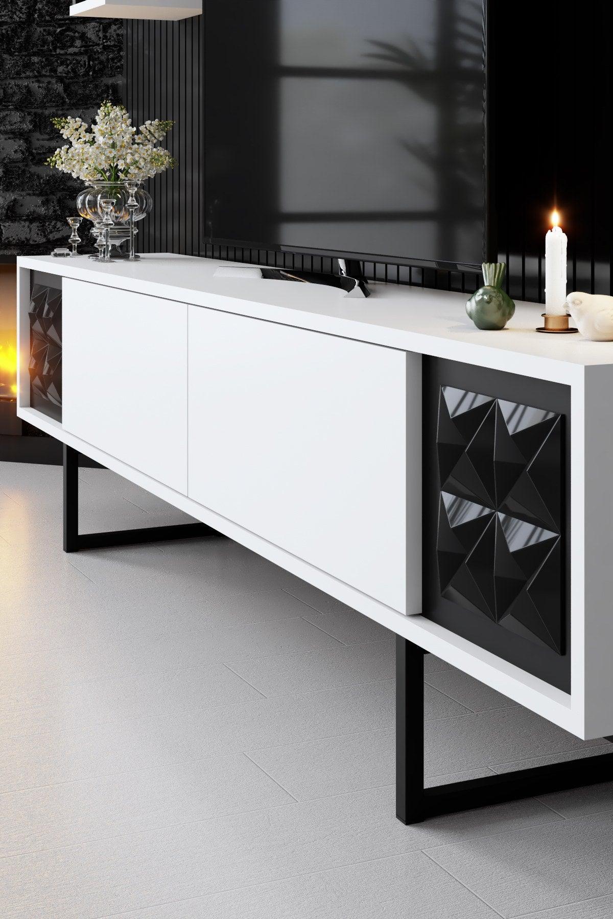 Comoda TV Black Line TV Stand Stylish, Gri, 180x30x18 cm - Alb negru