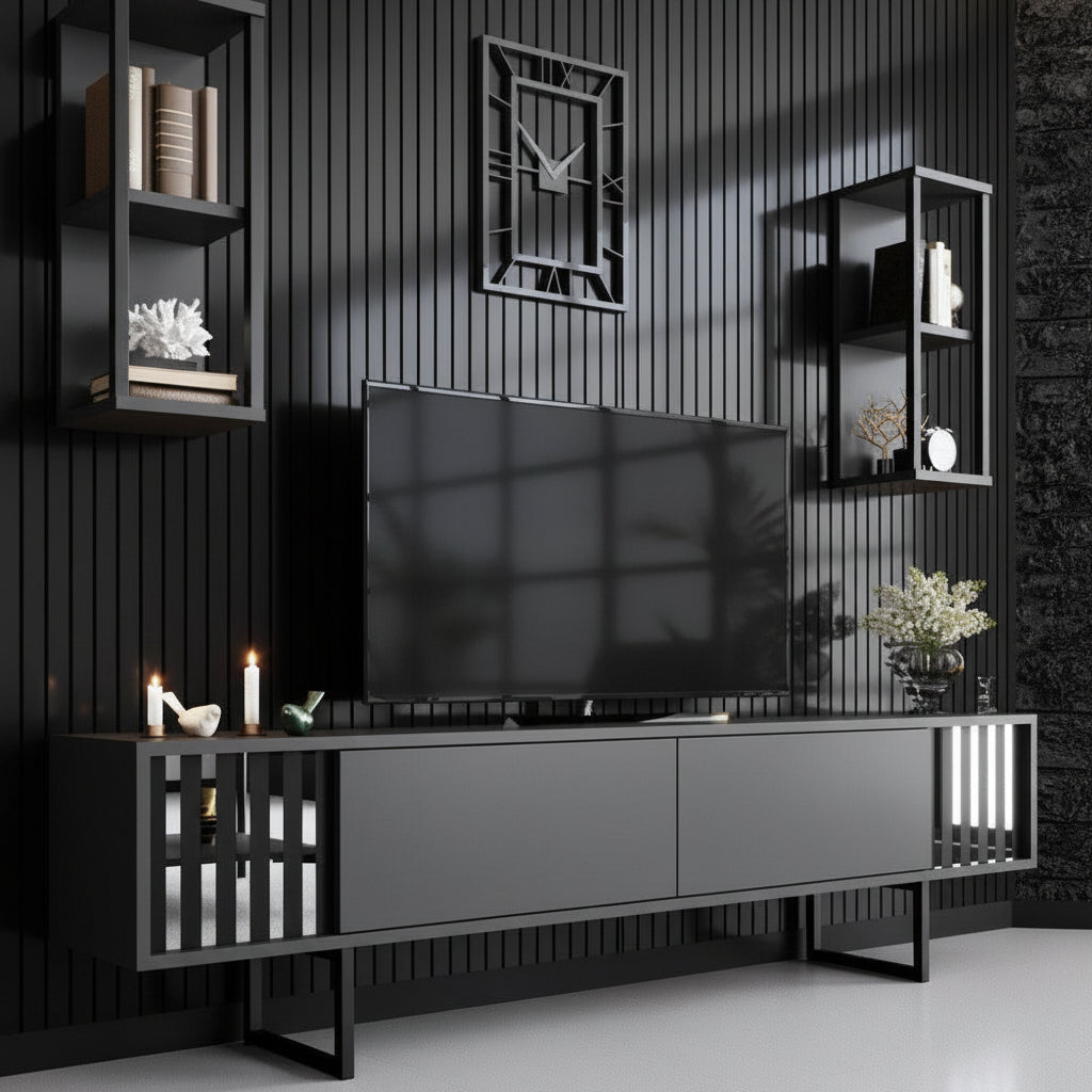 Comoda Tv Chrome Line Tv Stand Stylish, Gri, 180x30x18 cm - Negru